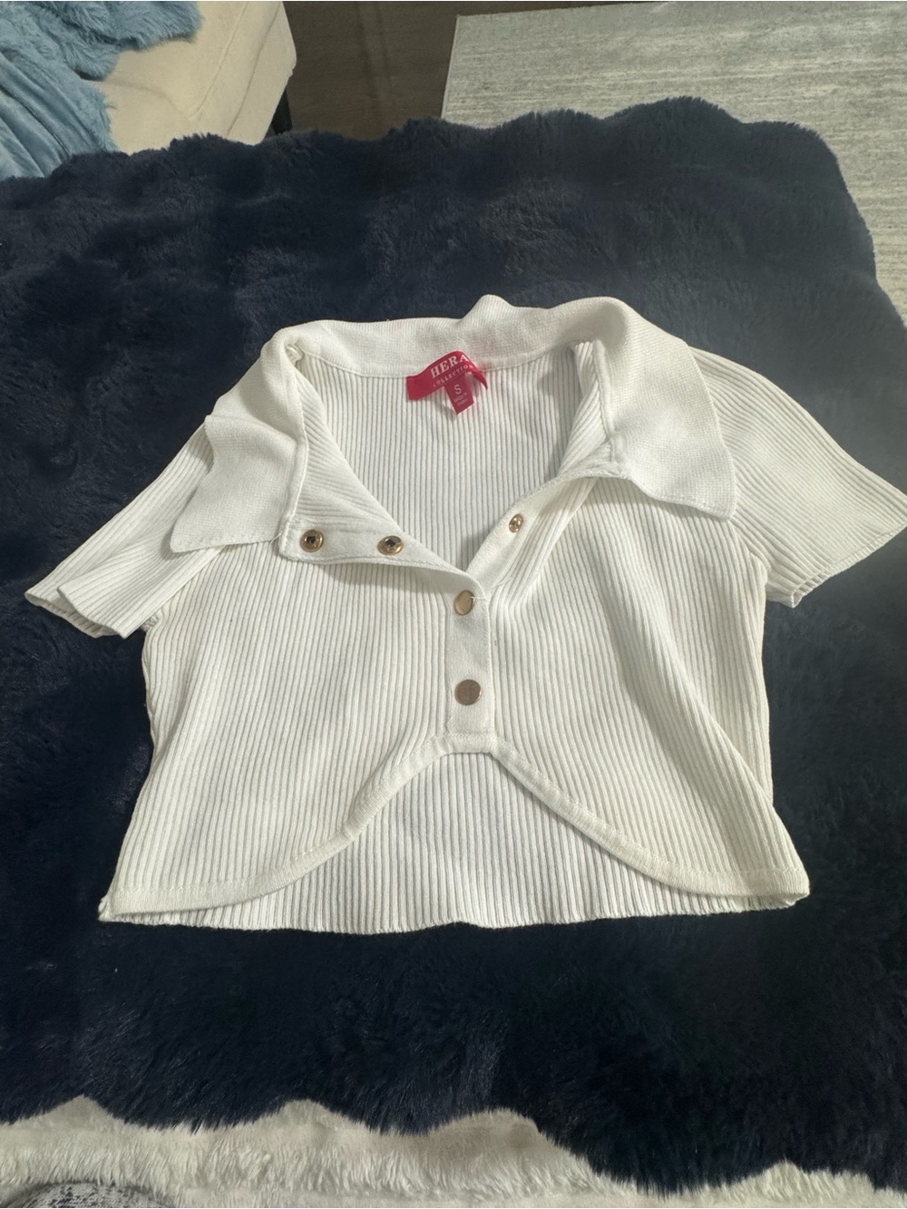 White Ribbed Polo Top with Button Front